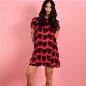 NOOWORKS Red Panther Molly Dress, Flowy Rayon, Rare Print, Small, Dopamine